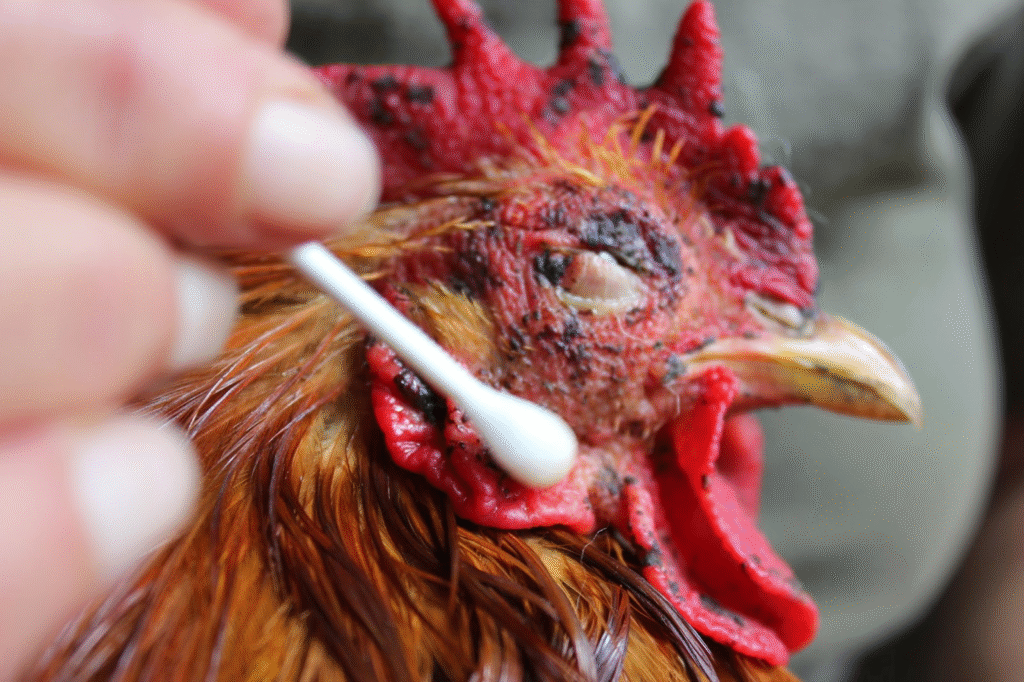 Backyard chicken owner carefully caring for roosters eye with first aid kit supplies